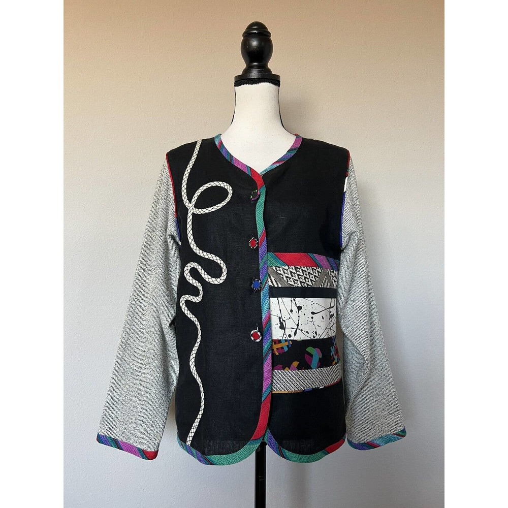 Lynn Murray 100% Linen Colorful Art-to-Wear Funky Mixed Media Jacket Size XS